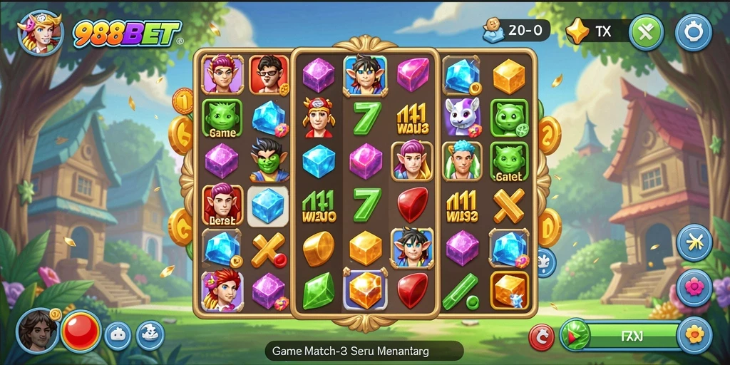 Tampilan gameplay seru dalam 988BET dengan tantangan Match-3.