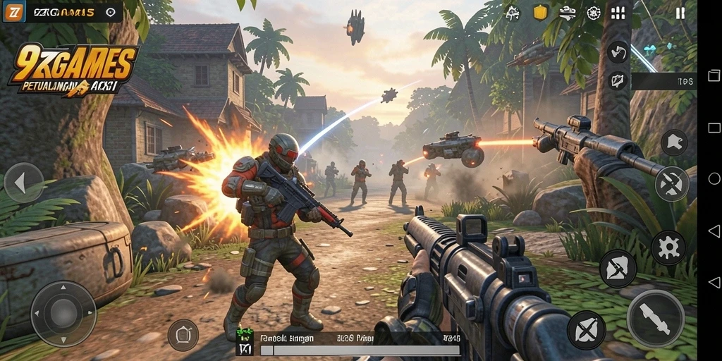 Tangkapan layar 9ZKGAMES menampilkan aksi intens dalam permainan TPS.