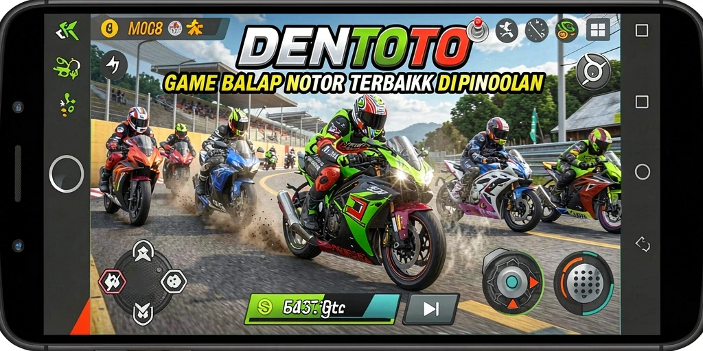 Gameplay DENTOTO yang mendebarkan dengan motor balap yang cepat.