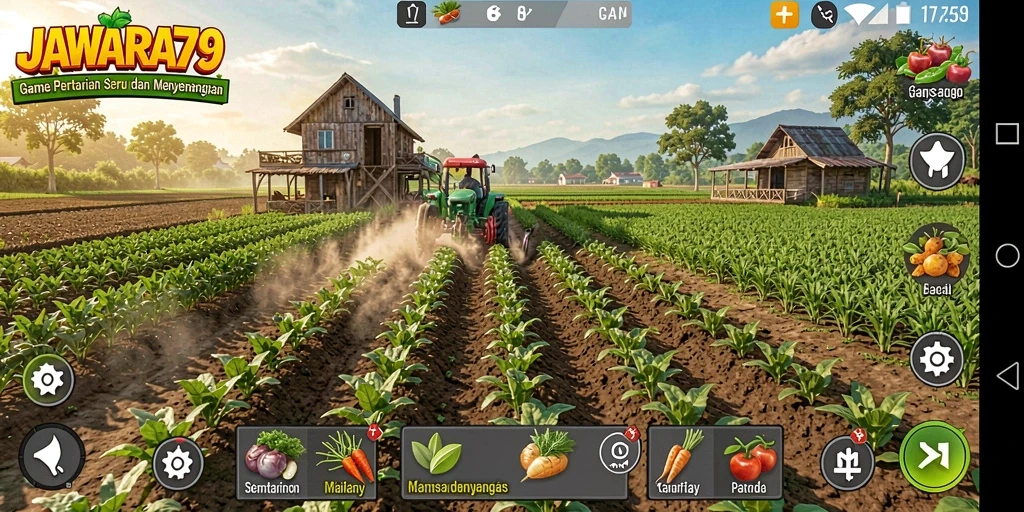 Screenshot utama JAWARA79 menampilkan gameplay pertanian yang mengasyikkan.