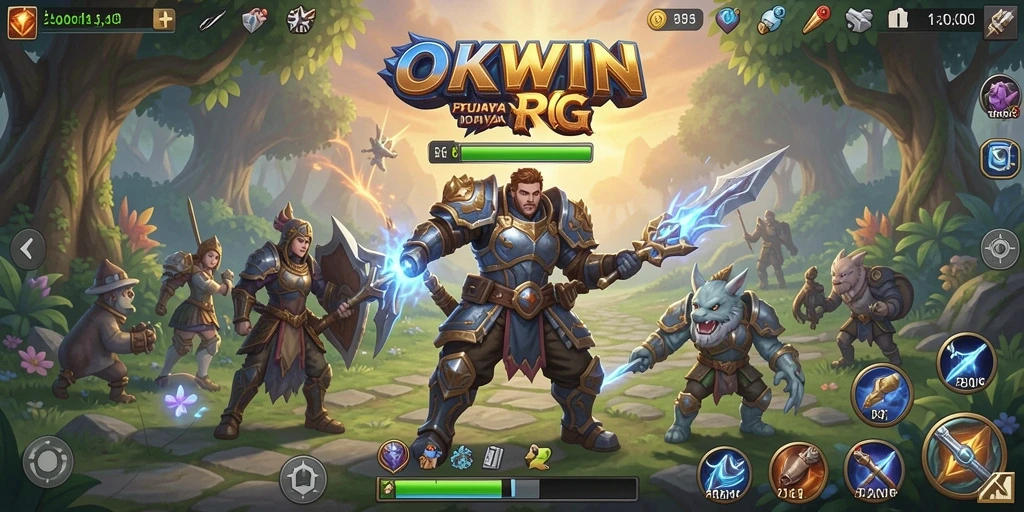 Screenshot utama OKWIN menampilkan aksi pertempuran yang menegangkan dan karakter menarik.