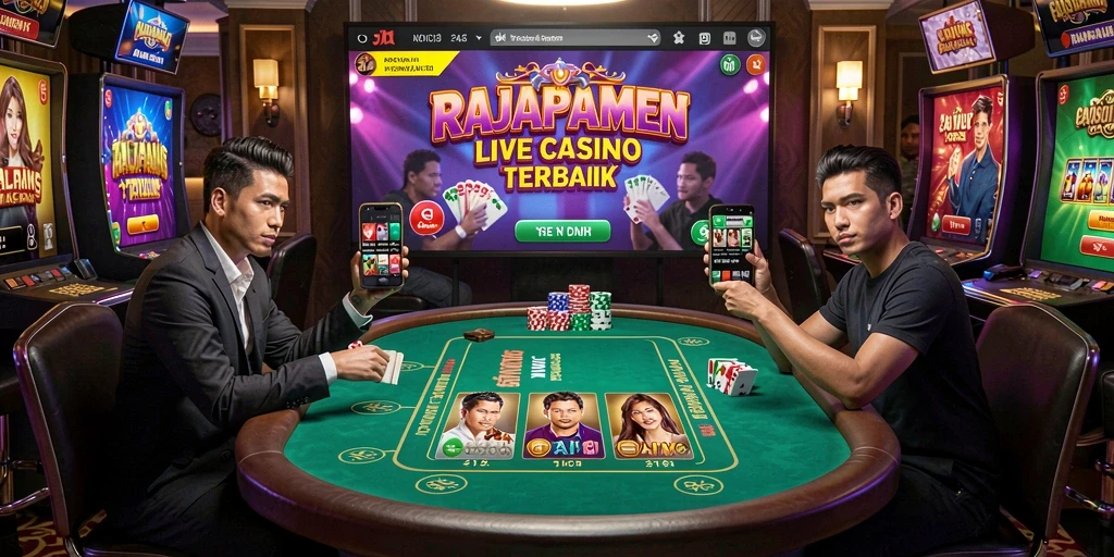 Screenshot RAJAPAMEN menampilkan dealer dan pemain dalam permainan live casino.